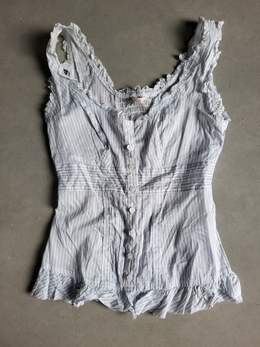 Guess Light Blue & White Striped Ruffle-Trim Button Tank